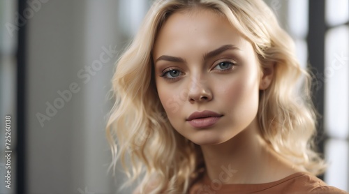 Portrait of beautiful young blonde woman with clean fresh skin on plain background, skin care ad concept from Generative AI