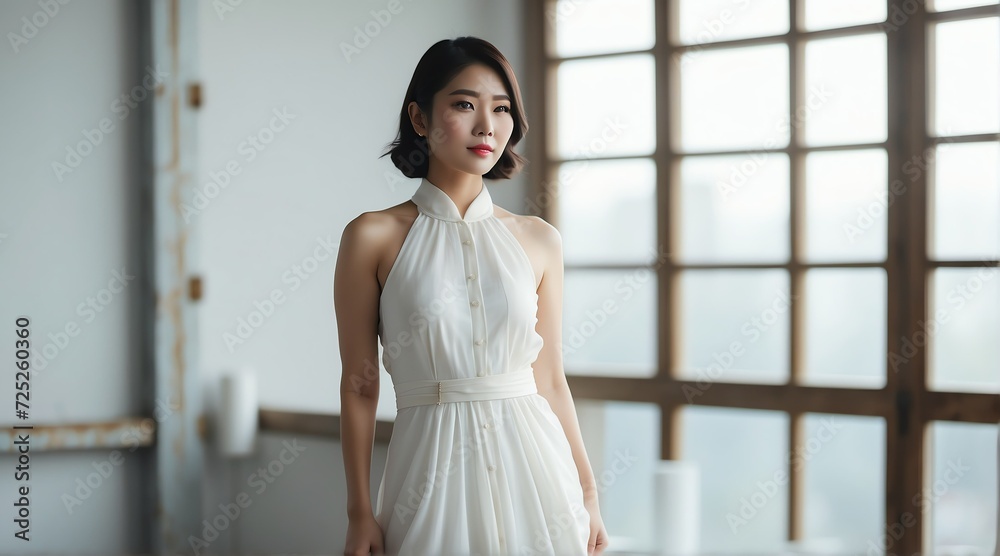 Full body portrait of beautiful elegant japanese woman wearing white dress on plain white background from Generative AI