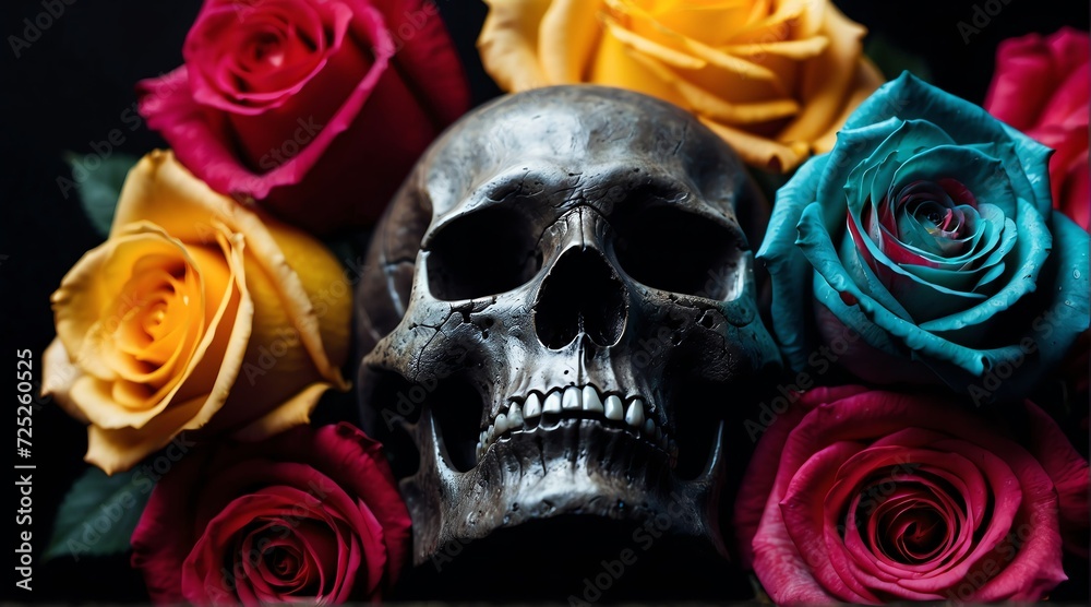 A skull with colorful roses on plain black background from Generative AI A skull with colorful roses on plain black background from Generative AI