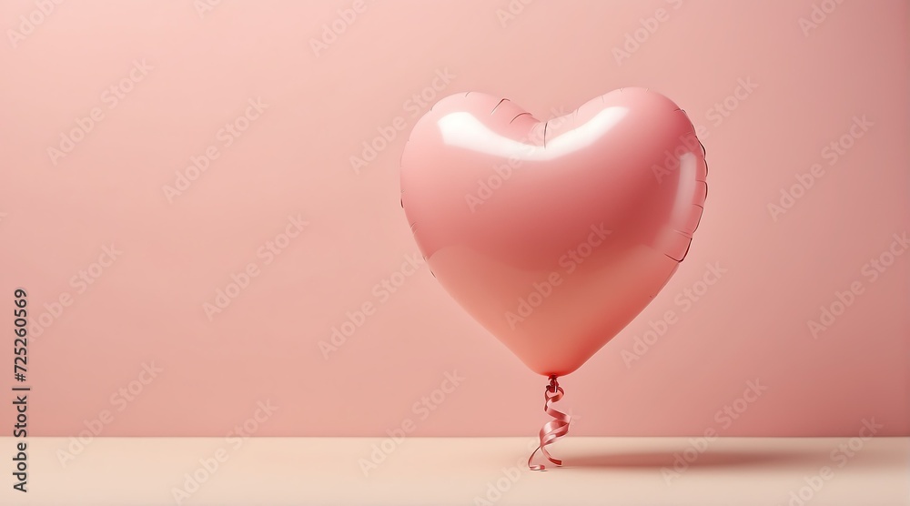 A pink heart shaped balloon on plain pink beige background from Generative AI A pink heart shaped balloon on plain pink beige background from Generative AI
