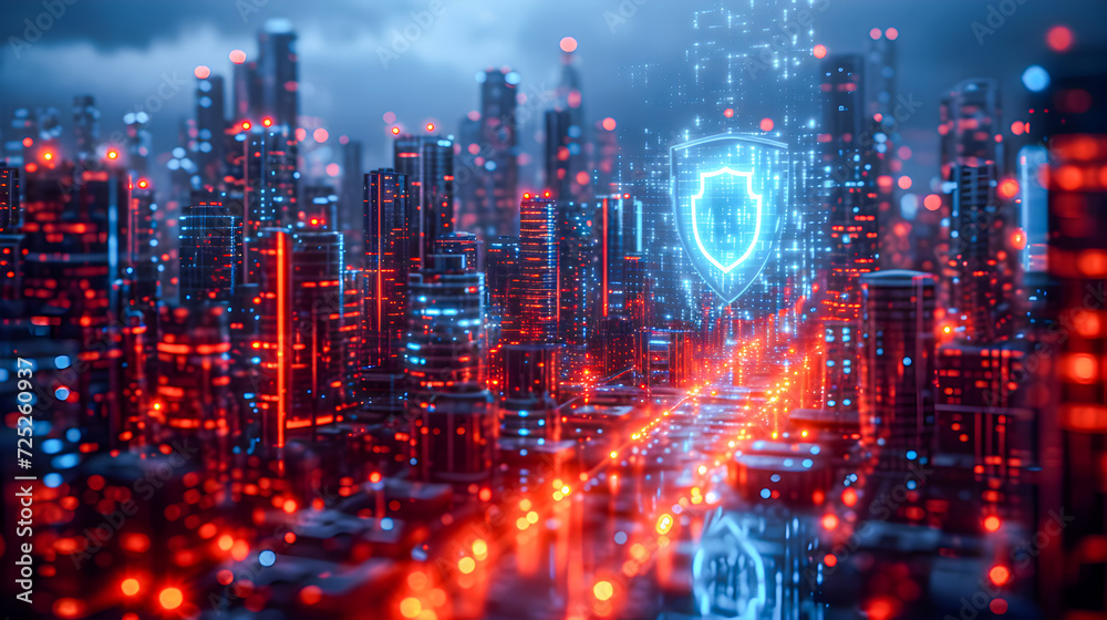 A conceptual visualization of cybersecurity protecting a vibrant smart city's digital infrastructure against threats.