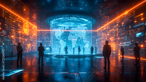 Silhouetted people standing in a futuristic command center monitoring global data on a large holographic display.