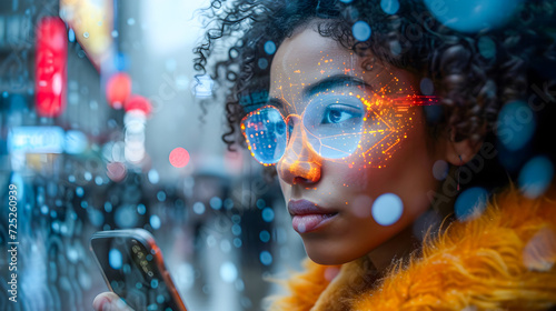 Curly-haired young woman wearing glasses interacts with futuristic augmented reality against a blurred urban backdrop at night. 