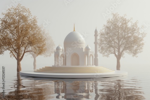 tranquil scene featuring a white mosque surrounded by water