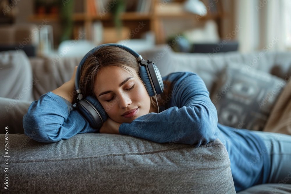 Mujer joven relajándose en el sofá mientras escucha música con auriculares, disfrutando de un momento de paz Mujer joven relajándose en el sofá mientras escucha música con auriculares, disfrutando de un momento de paz