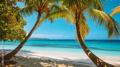 a lovely beach with palm trees and a blue water.