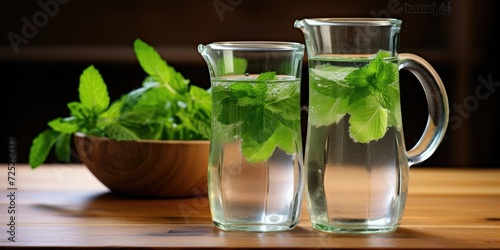 Water and mint leaves in a pitcher with two water glasses, on a wooden table.