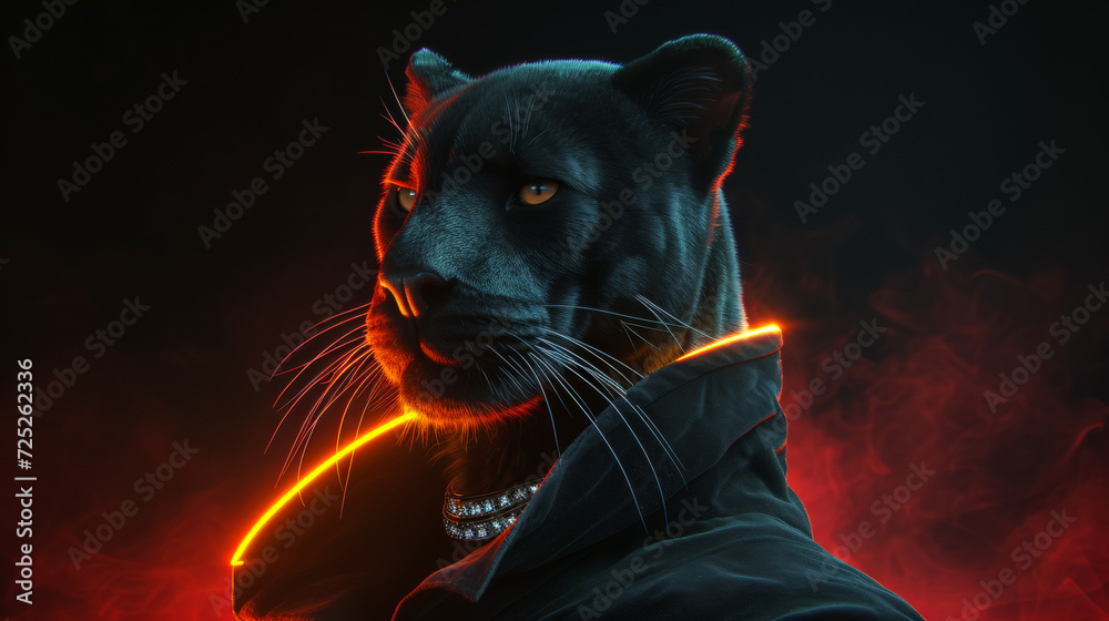 Enigmatic panther in a sleek velvet coat, sporting a diamond-studded collar, against a smoky noir background, illuminated by neon lights, exuding mystery and allure