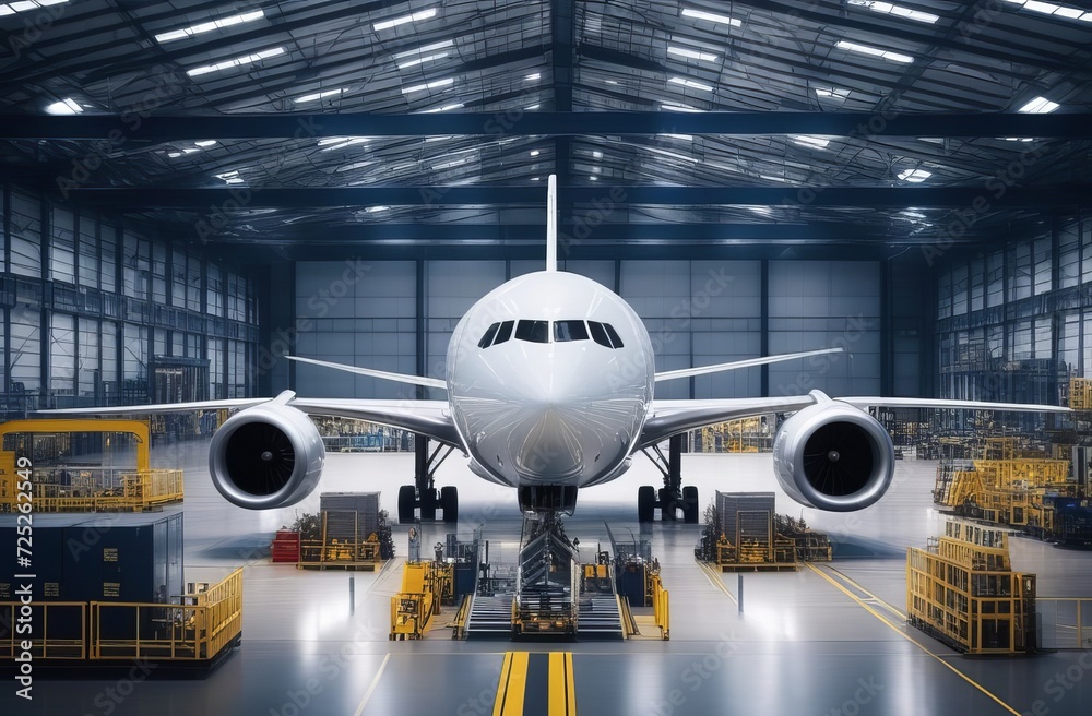 Passenger airplane on maintenance of engine and fuselage check repair in airport hangar. Inside aerospace hangar. Large passenger aircraft on service in an aviation hangar