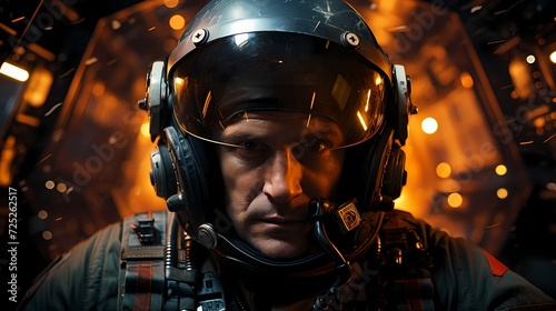 Fighter pilot inside the cockpit, wearing a helmet with advanced heads-up display technology