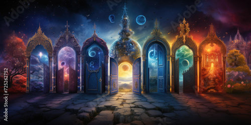 Fantasy enchanted fairy tale forest with magical opening secret doors and mystical shine light. Seven doors.