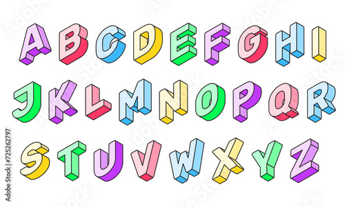 Colorful 3d font. Geometric vector alphabet. Letters perspective cubic blocks
