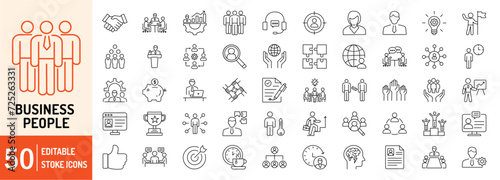 Business People editable stroke outline icons set. Business  people  team  experience  meeting  partnership  target  headhunting  idea  achievement and employee. Vector illustration