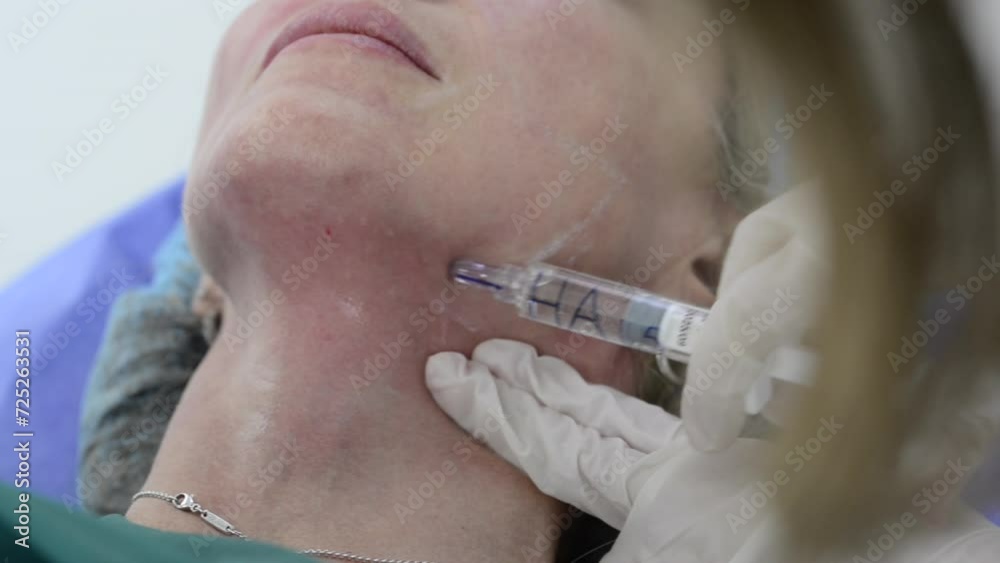 Hands of female doctor injecting botox with syringe on woman´s chin. Hyaluronic acid treatment injection on face Hands of female doctor injecting botox with syringe on woman´s chin. Hyaluronic acid treatment injection on face