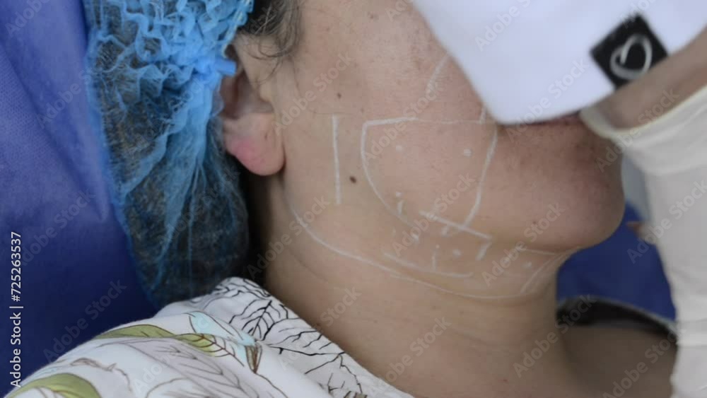 Doctor making marks on patients face for aesthetic procedure. Plastic surgery preparation Doctor making marks on patients face for aesthetic procedure. Plastic surgery preparation