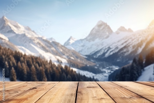 The empty wooden table top with blur background of Alpine with snow capped. Exuberant image. generative ai