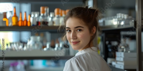 Smiling young woman in a modern kitchen, casual lifestyle portrait. warm homely atmosphere. perfect for advertising. AI