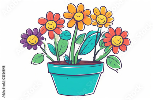Smiling flower with cute daisy cartoon on white background. Cartoon characters flowers in pot on white background. Gardening concept. Cartoon minimal style flowerpot for house
