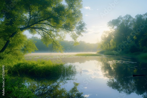 Bright summer morning by the river side