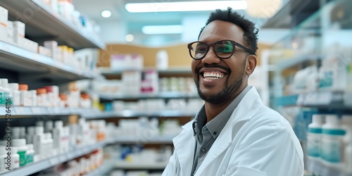 Smiling male pharmacist standing confidently in pharmacy. professional healthcare worker portrait. accessibility to medicine concept. AI