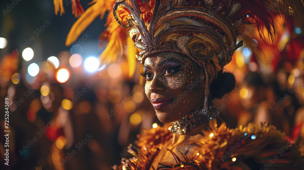 Brazilian carnival and festival. Carnival dancer in dazzling costume with feathers and sequins, embodying festivity and culture - obrazy, fototapety, plakaty 