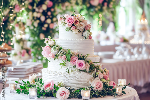 A wedding cake covered in whipped cream and decorated with flowers.