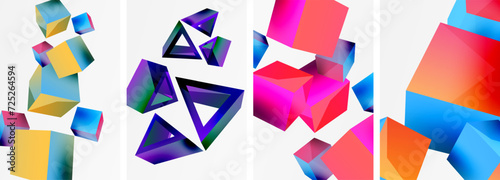 Flying 3d shapes, cubes and other geometric elements background design for wallpaper, business card, cover, poster, banner, brochure, header, website