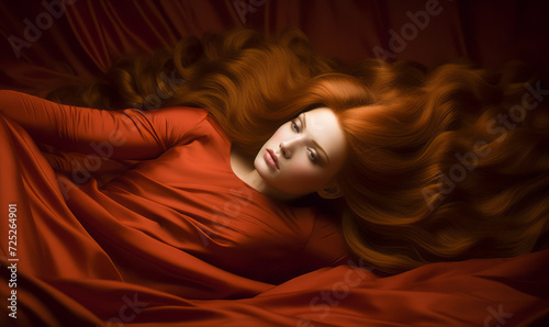Ethereal Redhead Woman Lying Down with Flowing Auburn Hair in Elegant Red Dress, Dreamy Artistic Concept