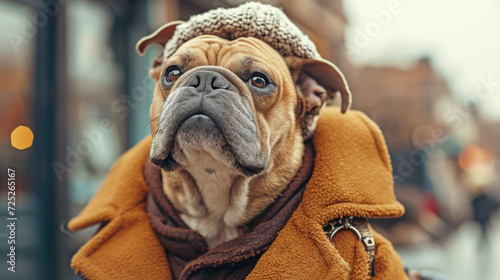 Dapper dog strolls through the city streets in tailored fashion, a charismatic blend of street style. Realistic urban scenery frames this chic canine, merging charm with contemporary flair effortlessl © Дмитрий Симаков