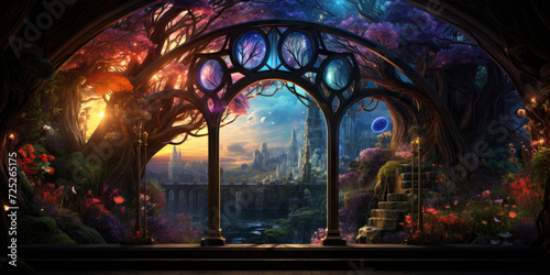 Magical fantasy fairy tale scenery  night in a forest. Windows view