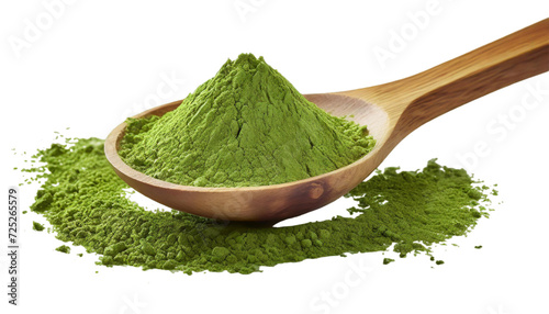 Green tea powder on wooden spoon. isolated on transparent background
