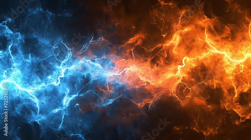 Warm orange and chilly blue background of electrical lightning