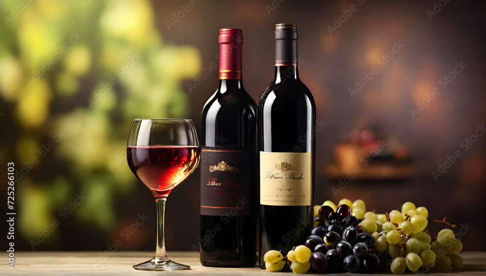 Glass of wine and bottle on wooden table with blurred background.