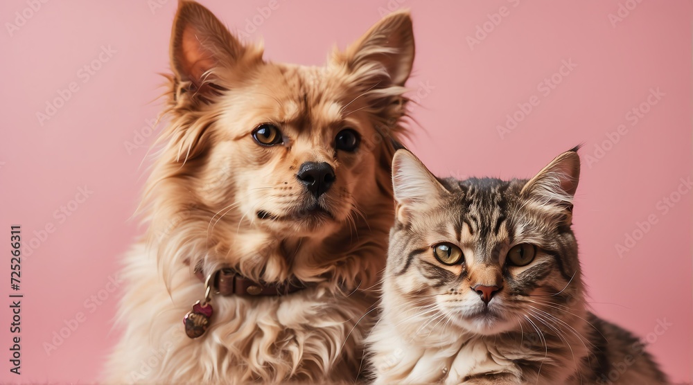 A cat and a dog on plain pink background from Generative AI
