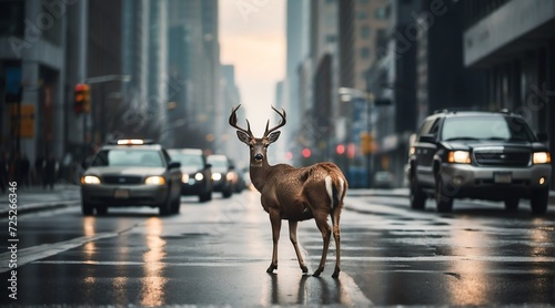 A deer in the middle of the road in the city metro from Generative AI photo
