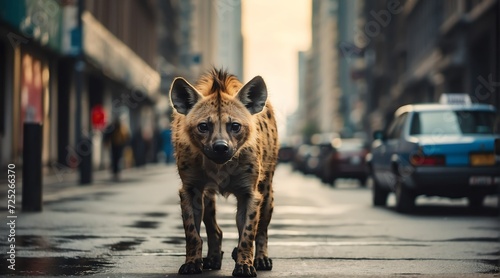 A hyena in the middle of the road in the city metro from Generative AI