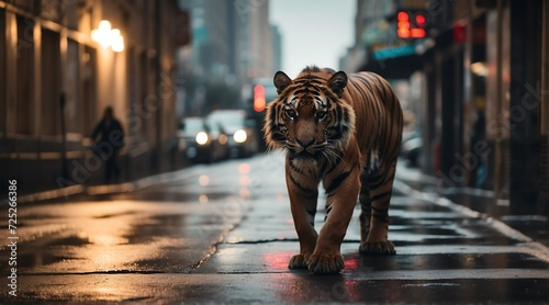 A tiger in the middle of the road in the city metro from Generative AI photo