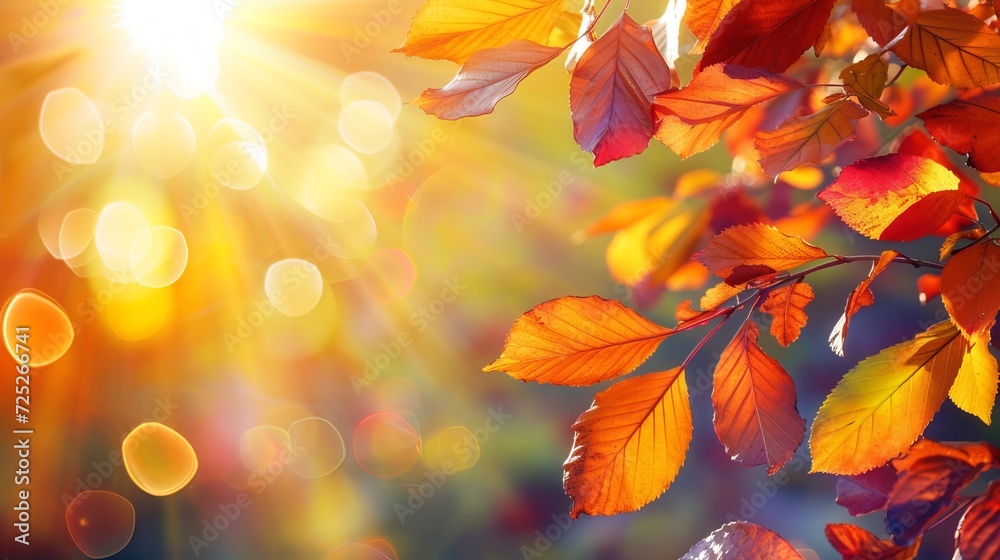 Autumn background. Sun flares and colorful foliage in autumn