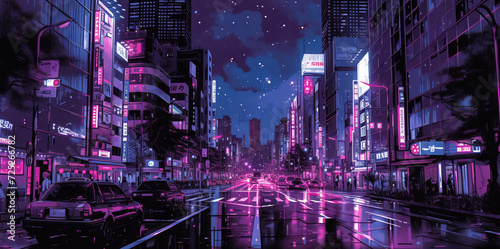 Tokyo City by Night, city views, neon, magenta, and purple, anime and manga graphic image