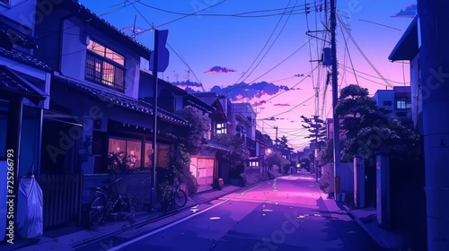 A stunning Japanese town in the twilight light in Tokyo. dwellings along the road. anime comics' visual language. comfortable lofi Asian design.