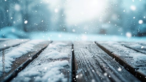 A winter table and snowy plank with snowfall under a chilly sky © xelilinatiq