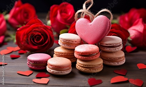 Macaroons and red roses on wooden table. Valentines Day background