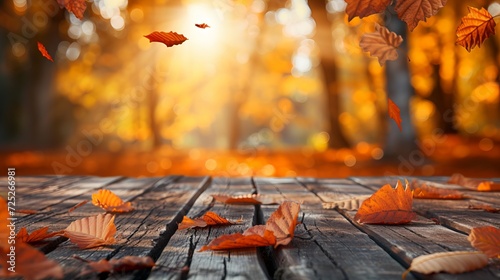 Fallen autumn leaves on wooden table. Something placement mockup design autumn background.