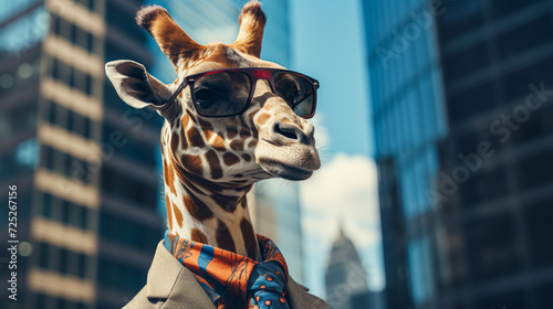 Picture a fashionable giraffe in a tailored trench coat, accessorized with a silk scarf and oversized sunglasses. Against a backdrop of city skyscrapers, it exudes urban chic and long-necked elegance.