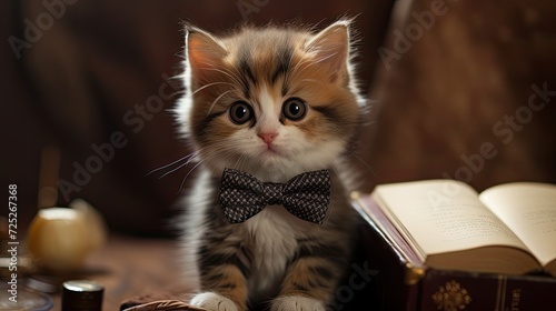 A tiny calico cat wearing a tiny bowtie and holding a mini book.