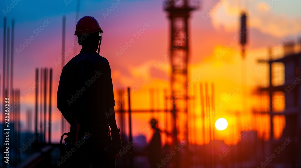 Silhouette Teams of Business Engineers looking for blueprints in construction sites through blurry construction sites at sunset.