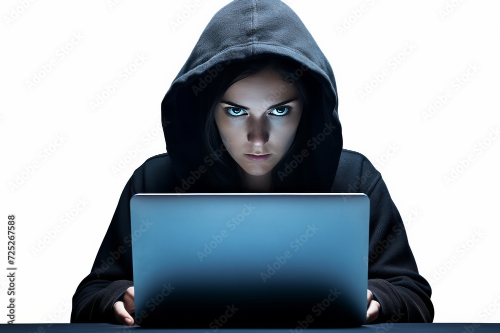 hacker skillfully keystrokes on a laptop amidst enigmatic neon fumes, endeavoring to infiltrate computer systems on White backdrop. Generative AI. hacker skillfully keystrokes on a laptop amidst enigmatic neon fumes, endeavoring to infiltrate computer systems on White backdrop. Generative AI.