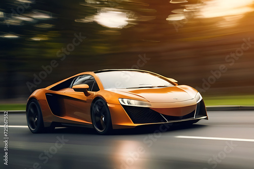 Yellow sports car riding on highway road. Car in fast motion. Fast moving supercar on the street. © SAGOR