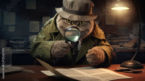 A detective cat examining a clue with a magnifying glass and keen eyes.