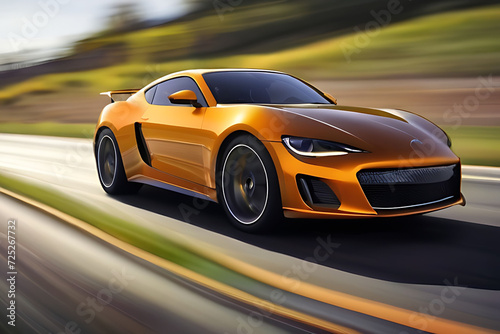 Yellow sports car riding on highway road. Car in fast motion. Fast moving supercar on the street.